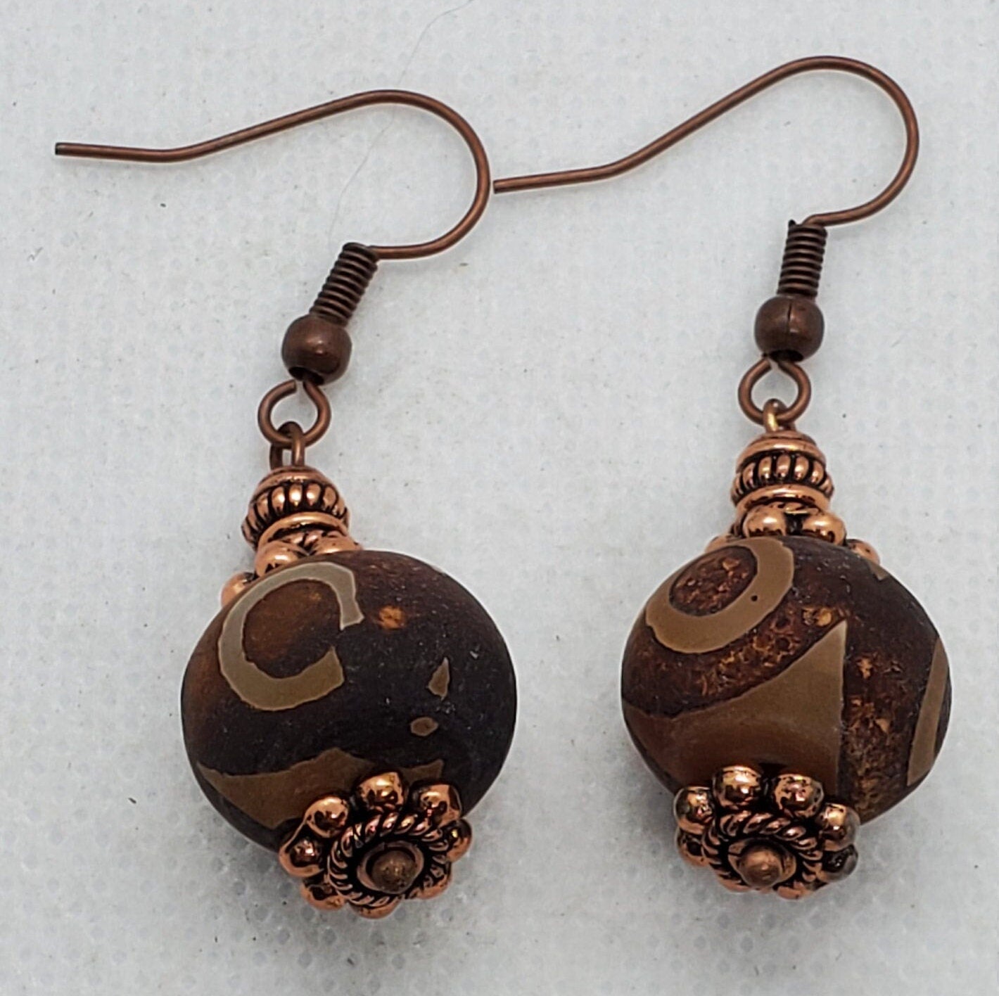 Brown DZI Agate 10x13mm Earrings, Copper Earring Wire