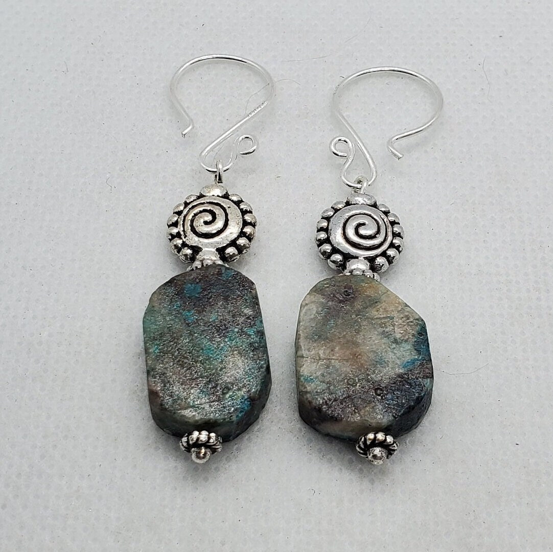 Chrysocolla 15x20 mm Earrings, Silver Filled Earring Wire