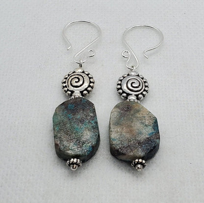 Chrysocolla 15x20 mm Earrings, Silver Filled Earring Wire