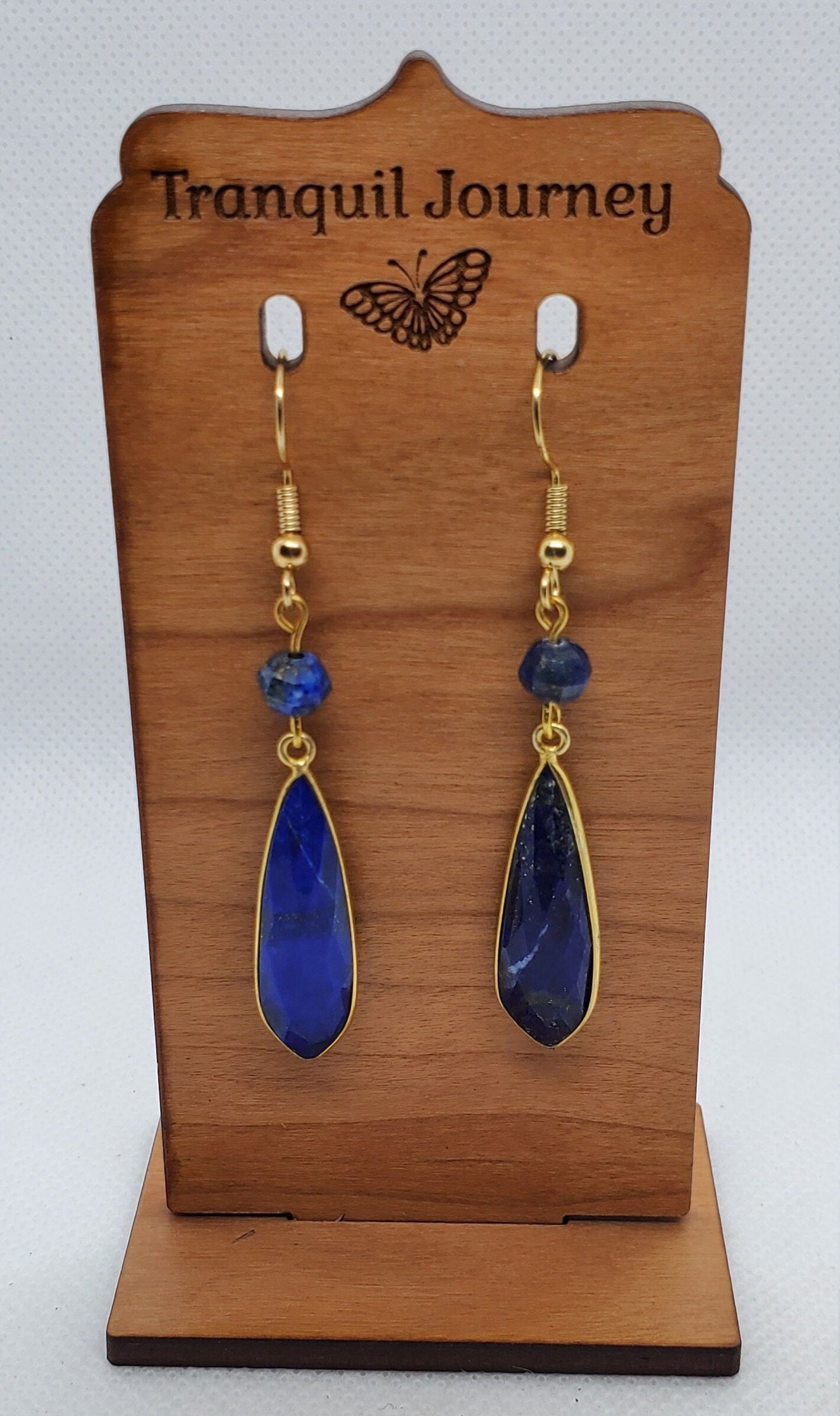 Lapis 10x32 mm Earrings, Gold Plated Earring Wire