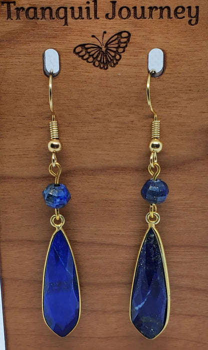 Lapis 10x32 mm Earrings, Gold Plated Earring Wire