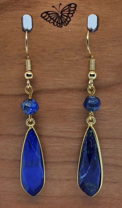 Lapis 10x32 mm Earrings, Gold Plated Earring Wire