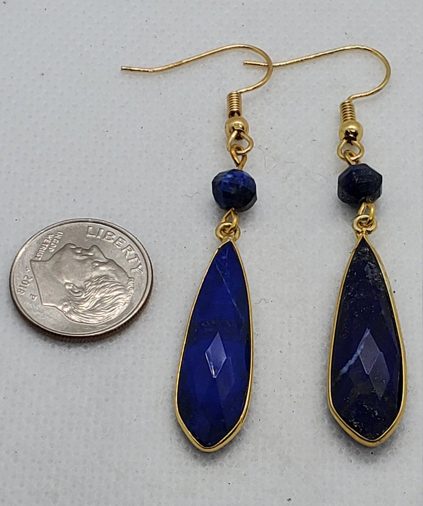 Lapis 10x32 mm Earrings, Gold Plated Earring Wire