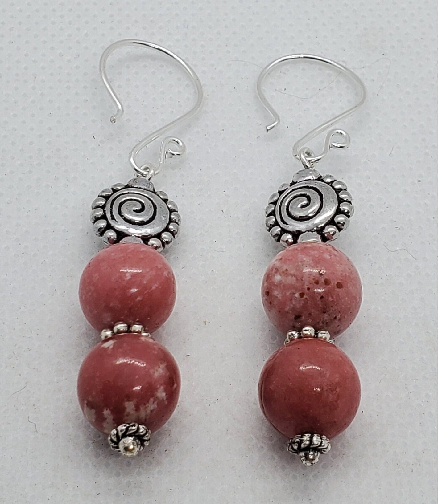 Thulite Banded 10mm Earrings, Silver Filled Earring Wire