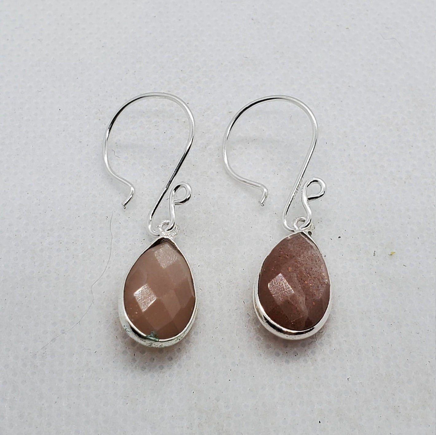 Peach Moonstone 9x18mm Earrings, Silver Filled Earring Wire