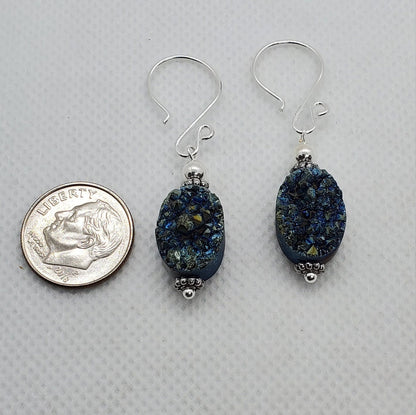 Green Druzy Agate 10x14mm Earrings, Silver Filled Earring Wire