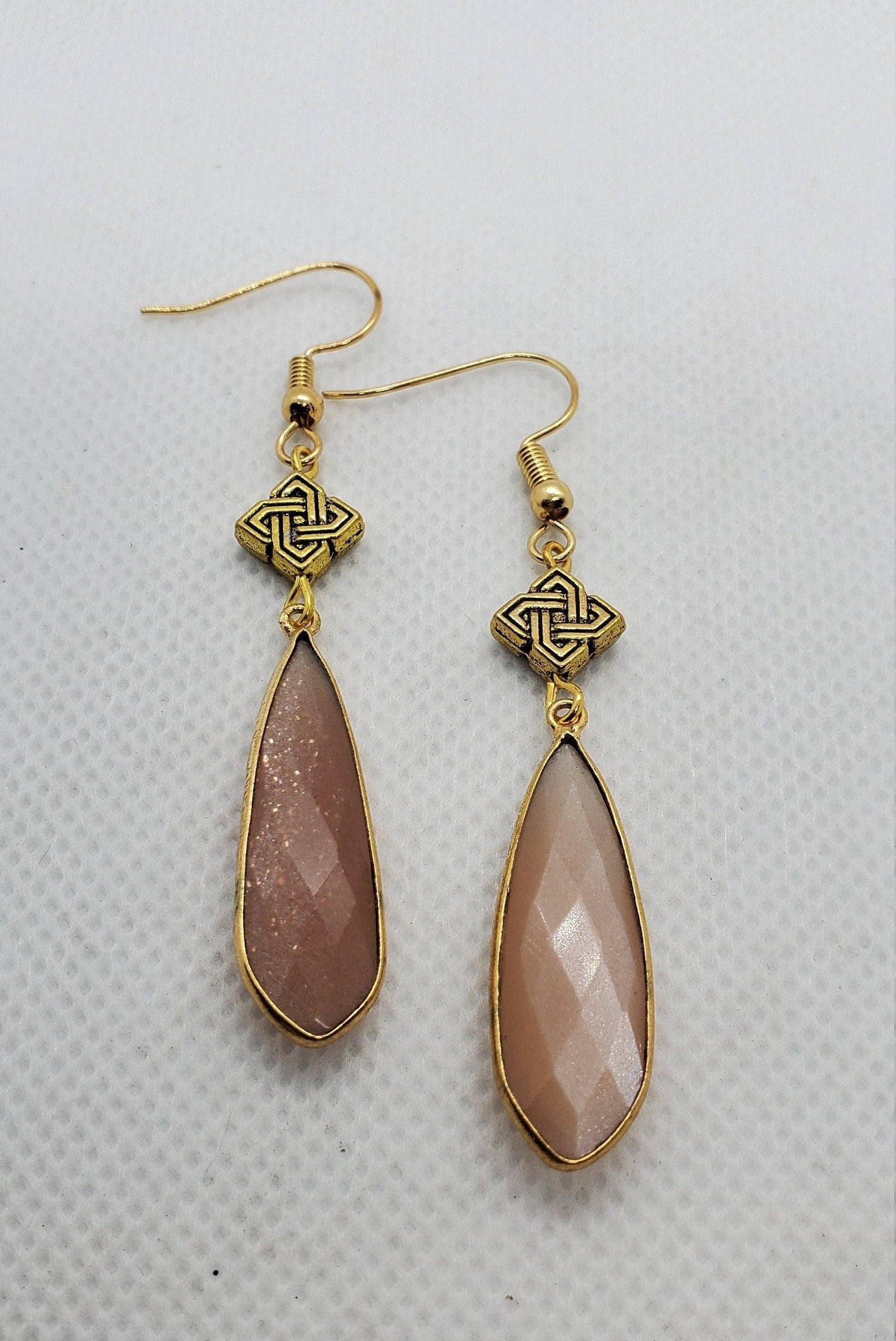 Peach Moonstone 10x32 mm Earrings, Gold Plated Earring Wire