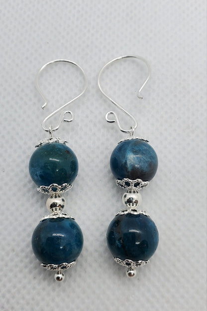 Blue Apatite A grade 10 mm Earrings, Silver Filled Earring Wire