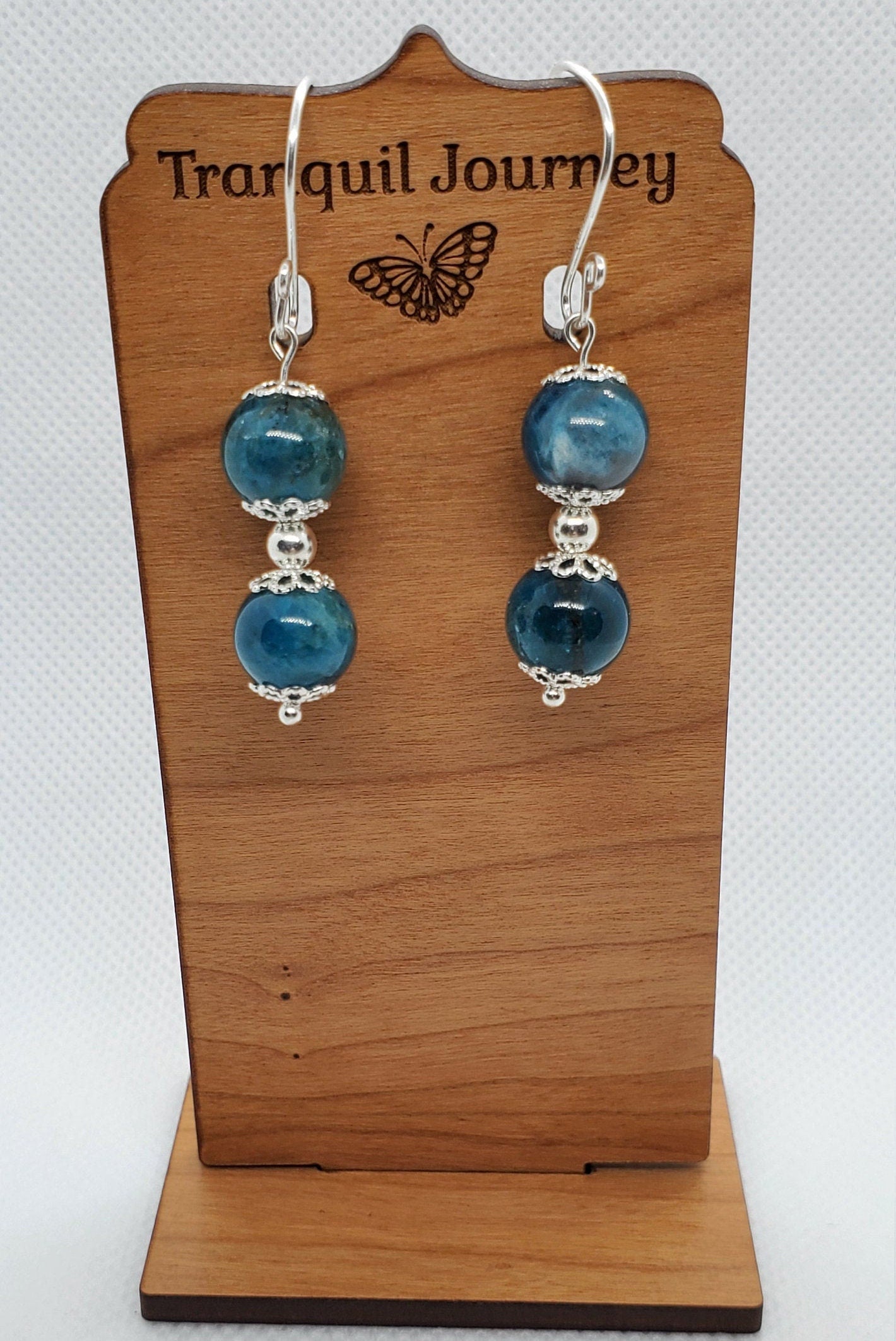 Blue Apatite A grade 10 mm Earrings, Silver Filled Earring Wire