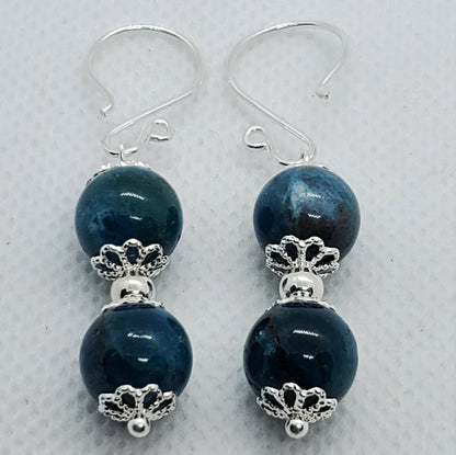 Blue Apatite A grade 10 mm Earrings, Silver Filled Earring Wire