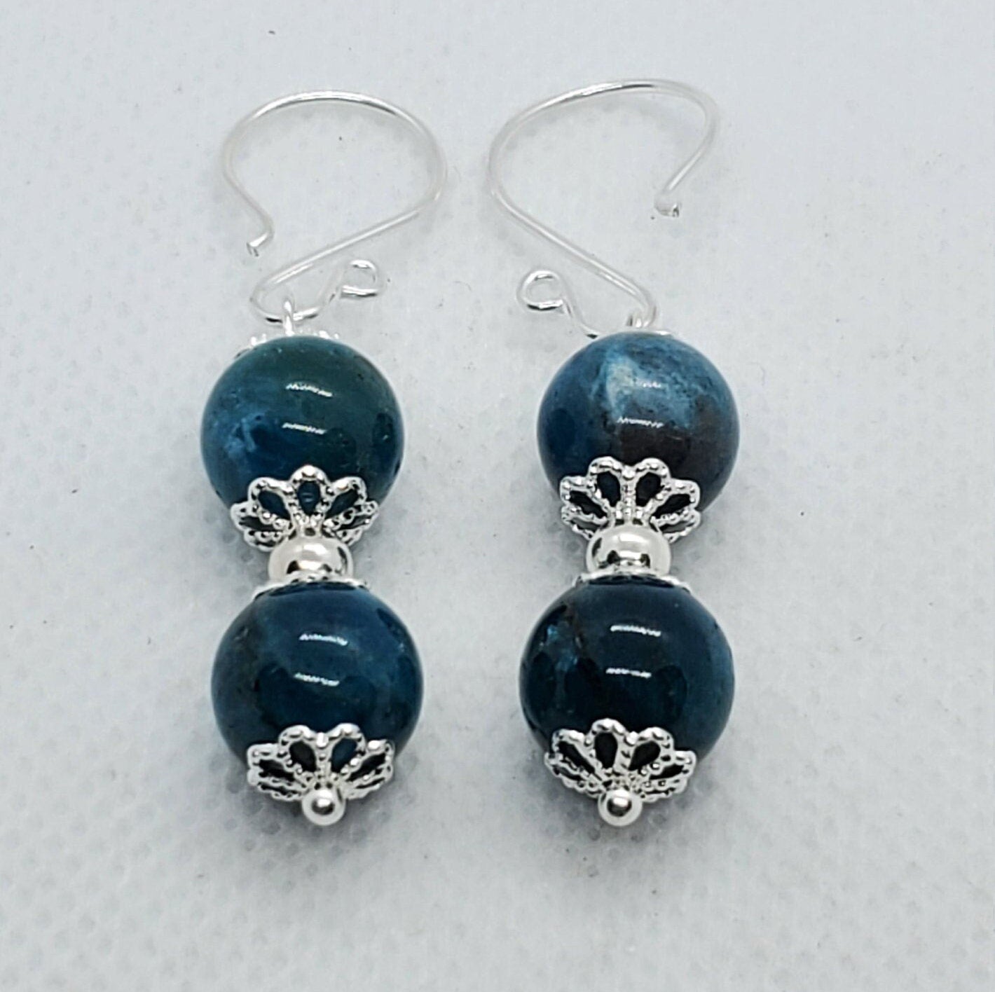 Blue Apatite A grade 10 mm Earrings, Silver Filled Earring Wire