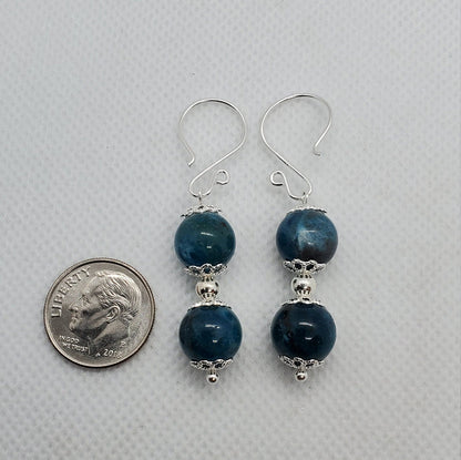 Blue Apatite A grade 10 mm Earrings, Silver Filled Earring Wire