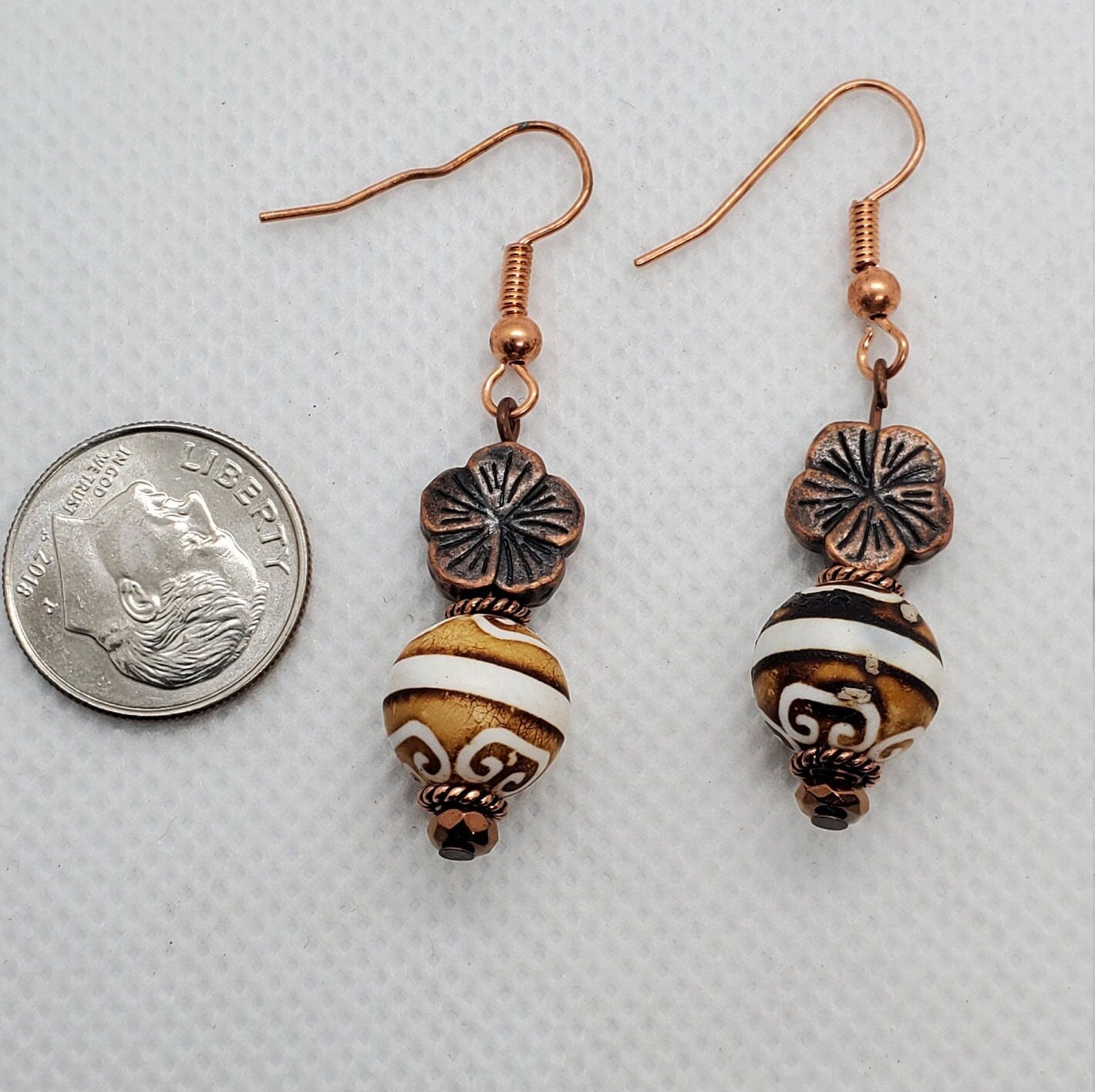 Antique Woodline DZI Agate 10mm Earrings, Copper Earring Wire