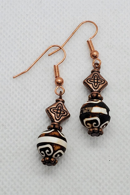 Antique Woodline DZI Agate 10mm Earrings, Copper Earring Wire