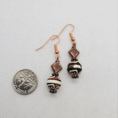 Antique Woodline DZI Agate 10mm Earrings, Copper Earring Wire