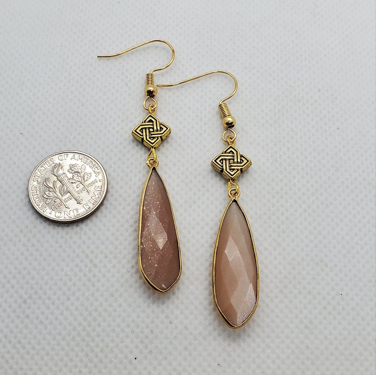 Peach Moonstone 10x32 mm Earrings, Gold Plated Earring Wire