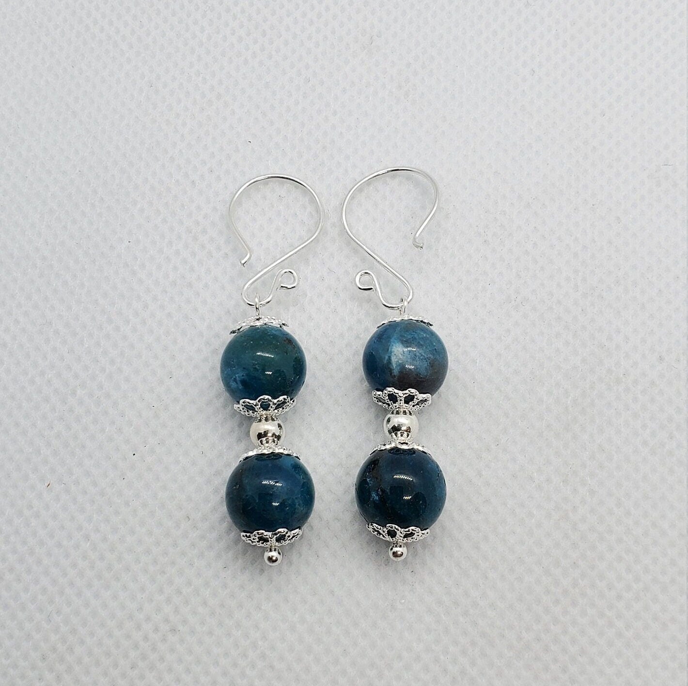 Blue Apatite A grade 10 mm Earrings, Silver Filled Earring Wire