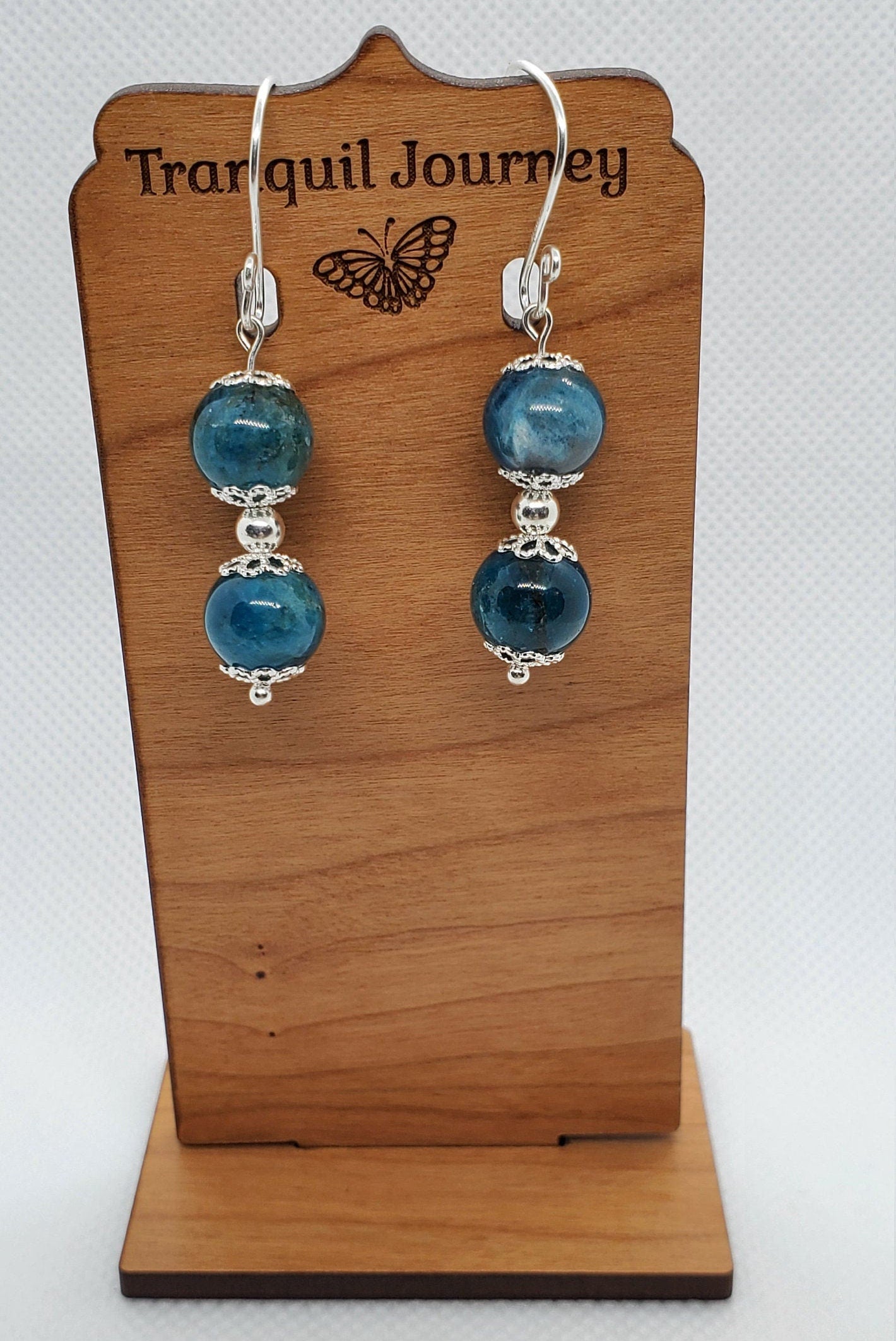 Blue Apatite A grade 10 mm Earrings, Silver Filled Earring Wire