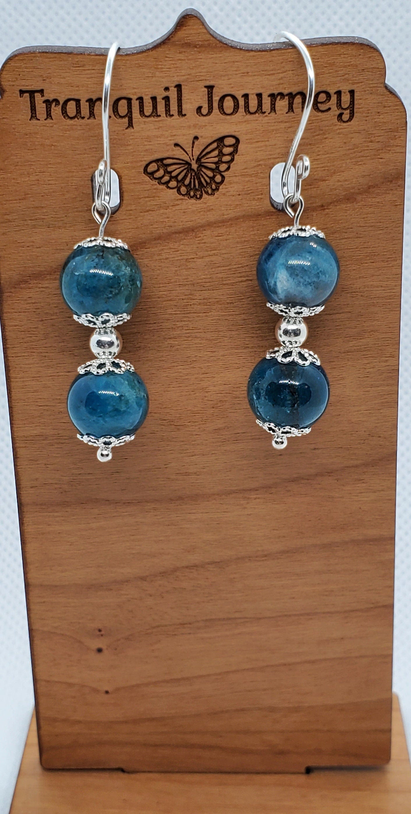 Blue Apatite A grade 10 mm Earrings, Silver Filled Earring Wire