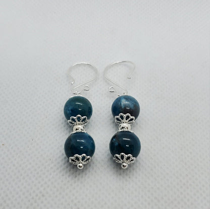 Blue Apatite A grade 10 mm Earrings, Silver Filled Earring Wire