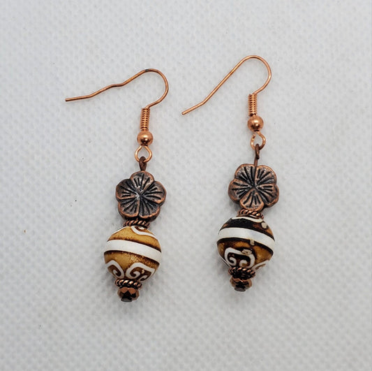 Antique Woodline DZI Agate 10mm Earrings, Copper Earring Wire