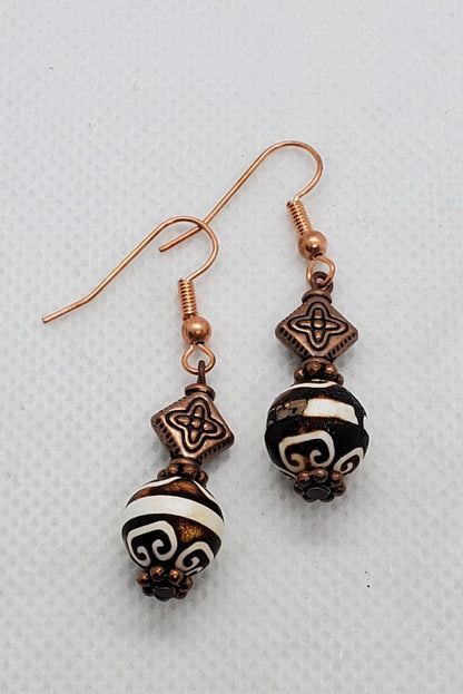 Antique Woodline DZI Agate 10mm Earrings, Copper Earring Wire