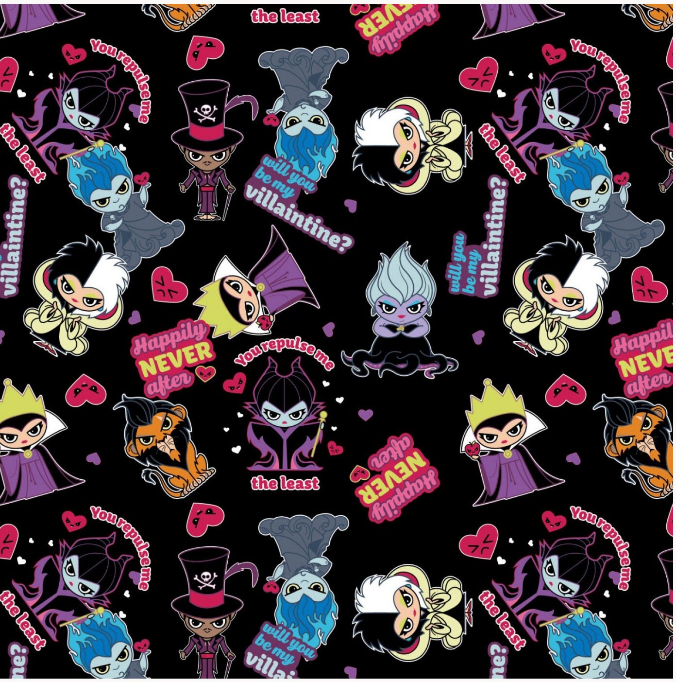 Disney Be my Villaintine Fabric by the half yard. 100% Cotton. CRUELLA URSULA HADES