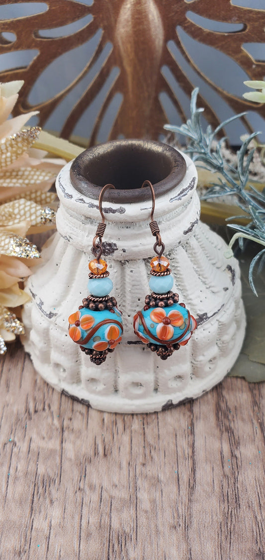 Tropical Bliss Artisan Glass Earrings, Lampwork Glass Bead by Grace Lampwork Beads, Copper Earring Wire