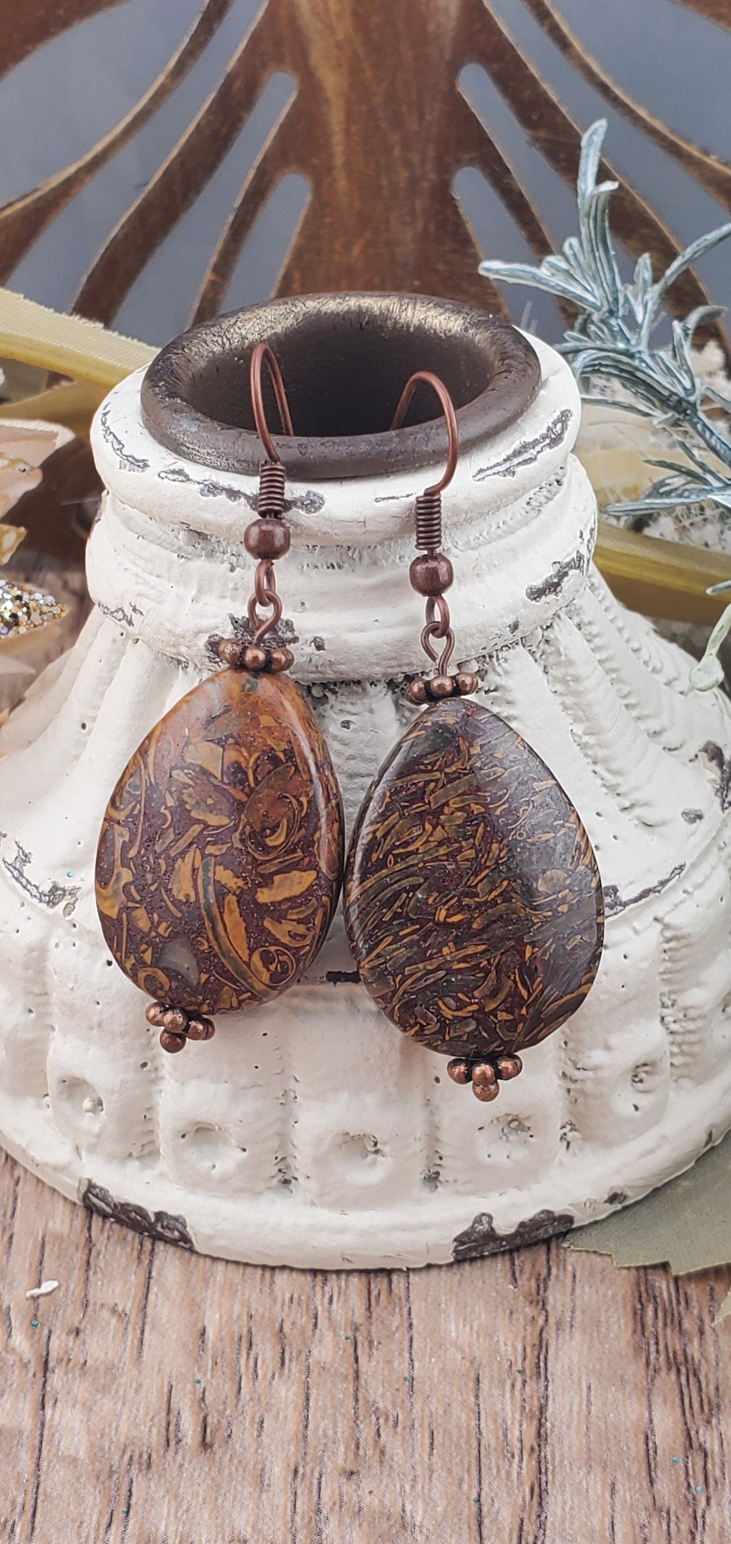 Elephant Skin Jasper Earrings 18x24mm , Copper Earring Wire