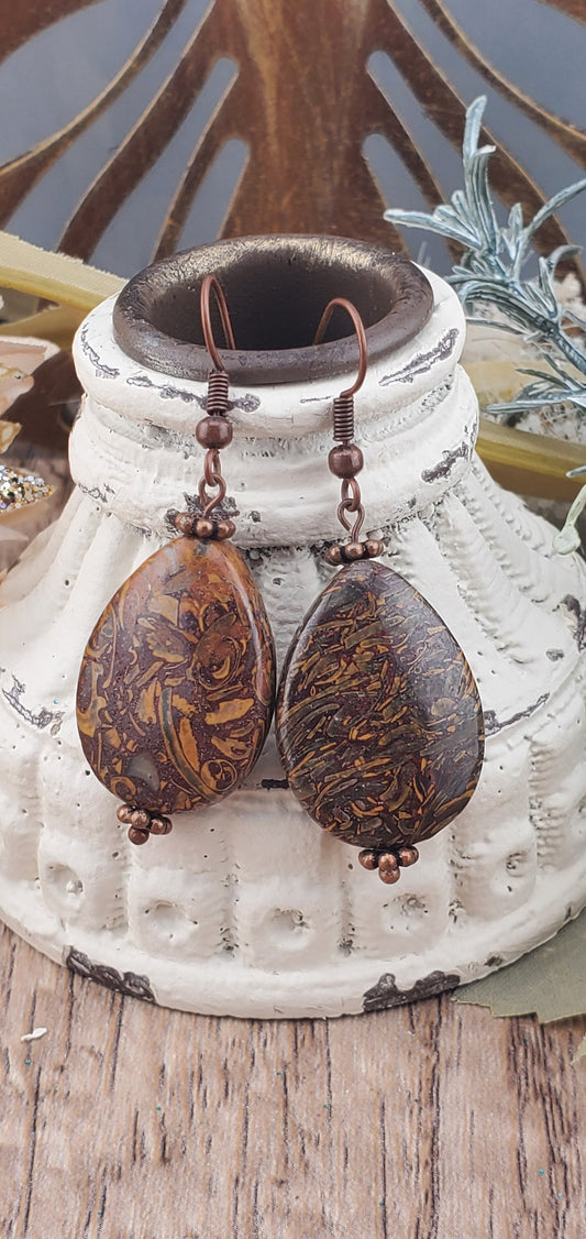 Elephant Skin Jasper Earrings 18x24mm , Copper Earring Wire