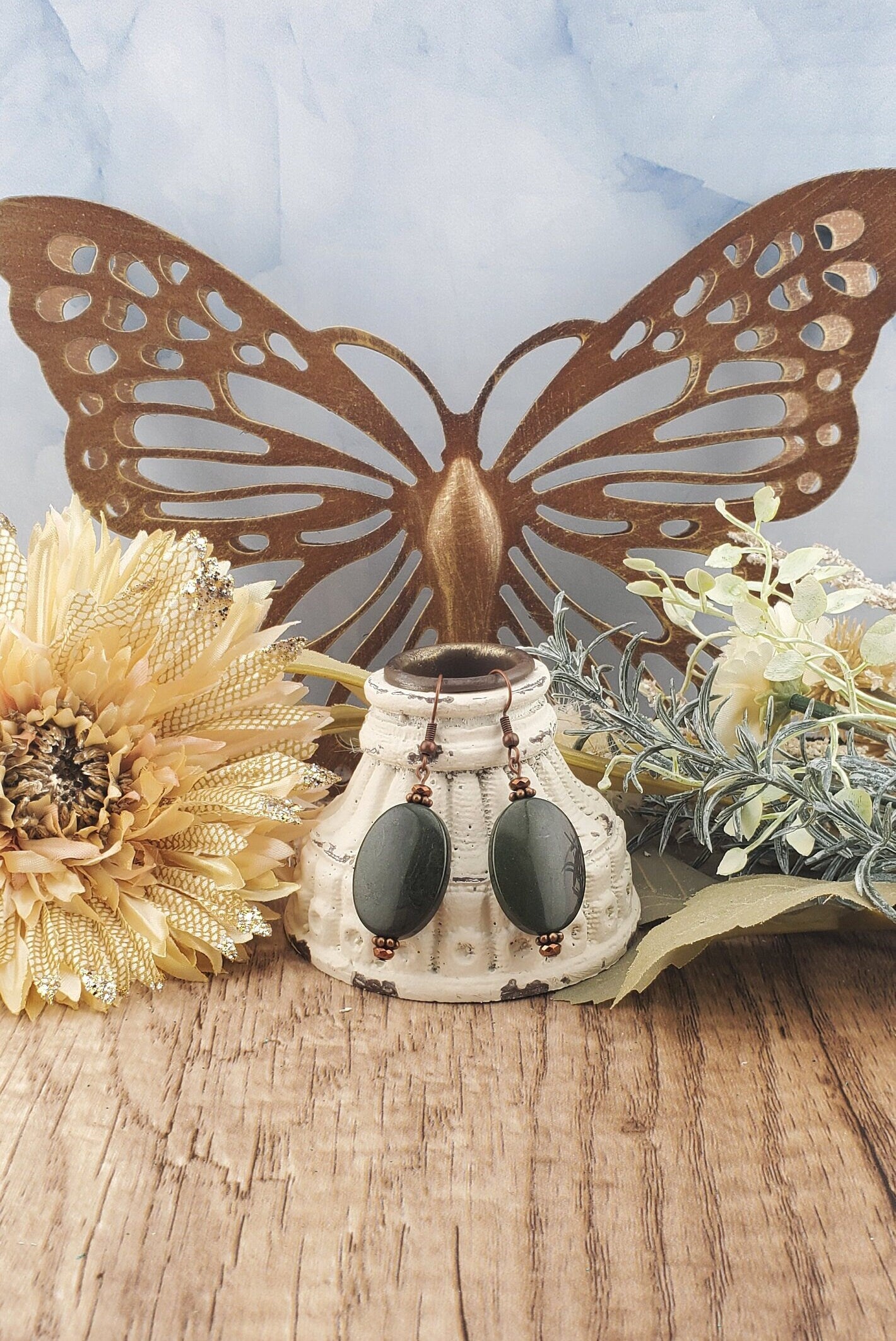 African Grey Jasper Earrings, Copper Earring Wire