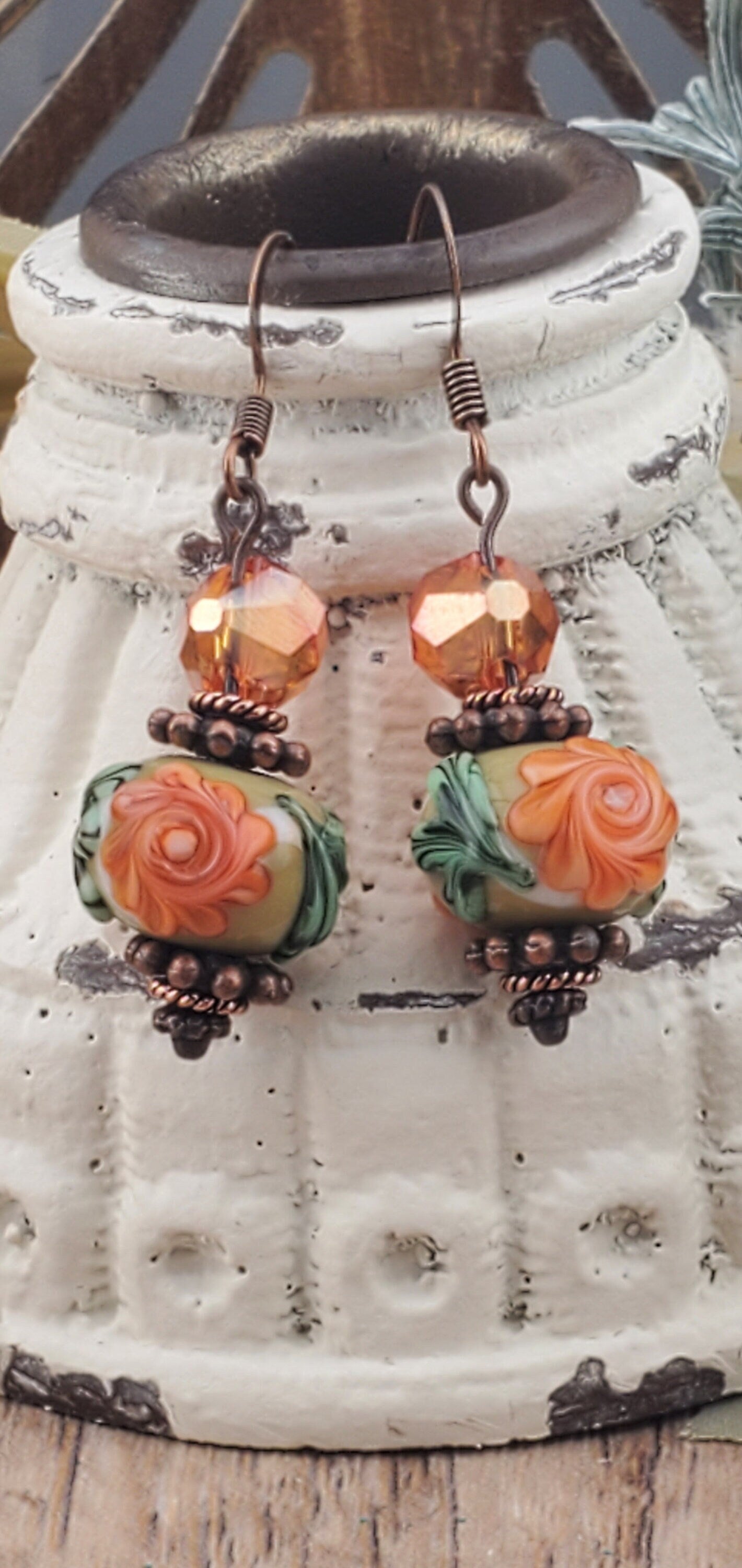 Secret Garden Artisan Glass Earrings, Lampwork Glass Bead by Grace Lampwork Beads, Copper Earring Wire