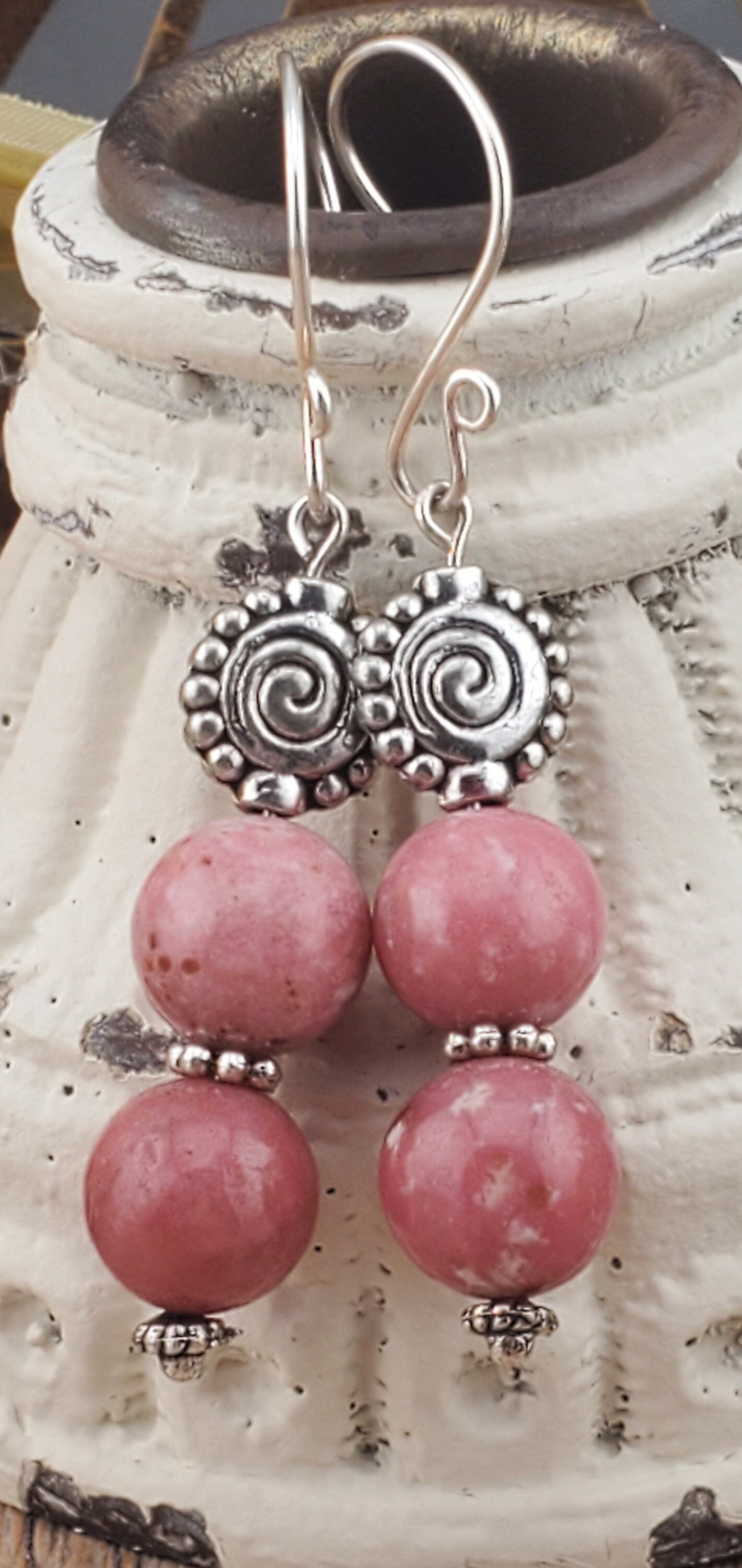 Thulite Banded 10mm Earrings, Silver Filled Earring Wire