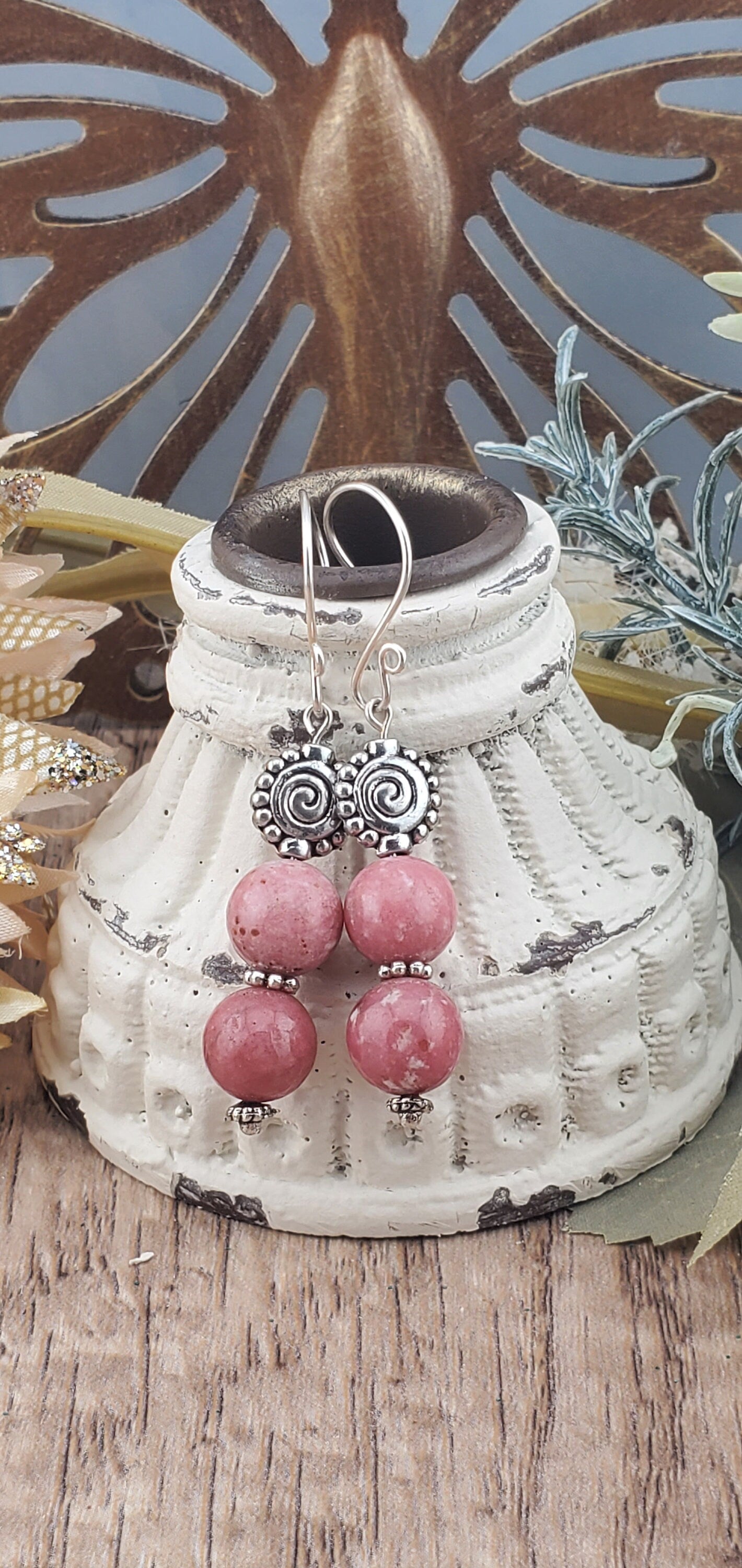 Thulite Banded 10mm Earrings, Silver Filled Earring Wire