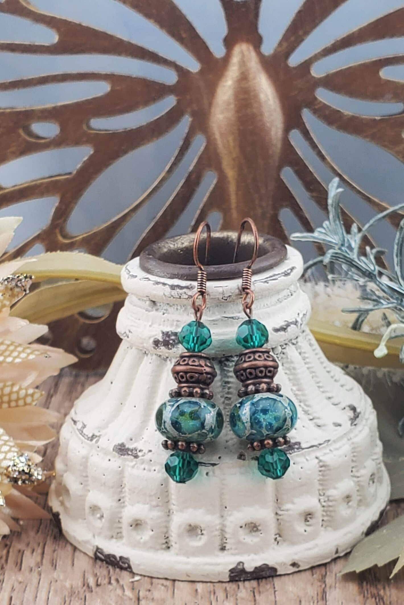 Arabian Nights stunning Artisan Glass Earrings, Lampwork Glass Bead by Grace Lampwork Beads, Copper Earring Wire