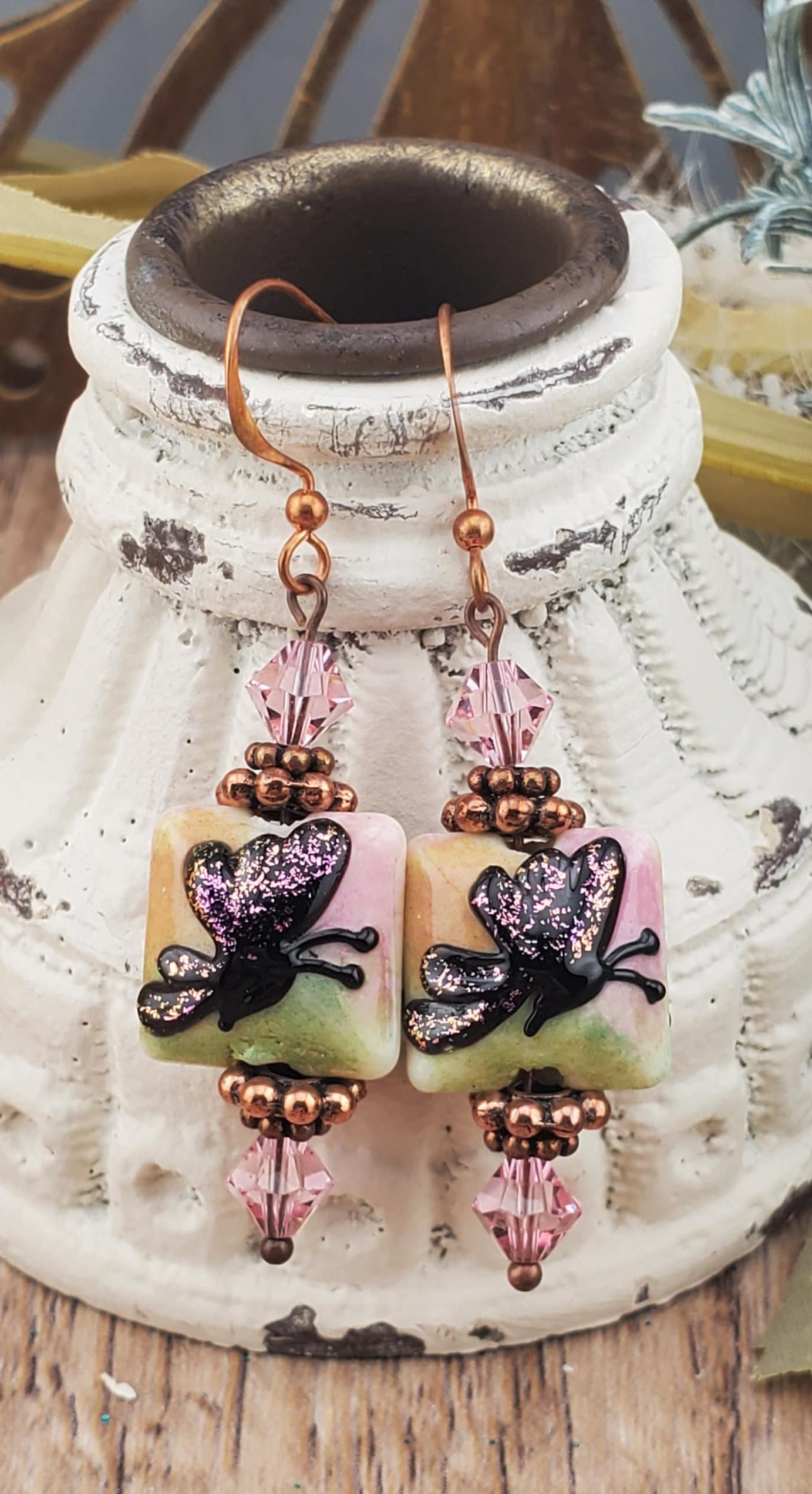 Butterfly Angel Artisan Glass Earrings, Lampwork Glass Bead by Grace Lampwork Beads, Copper Earring Wire
