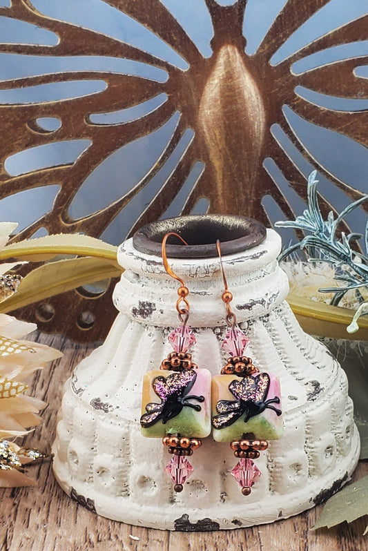 Butterfly Angel Artisan Glass Earrings, Lampwork Glass Bead by Grace Lampwork Beads, Copper Earring Wire