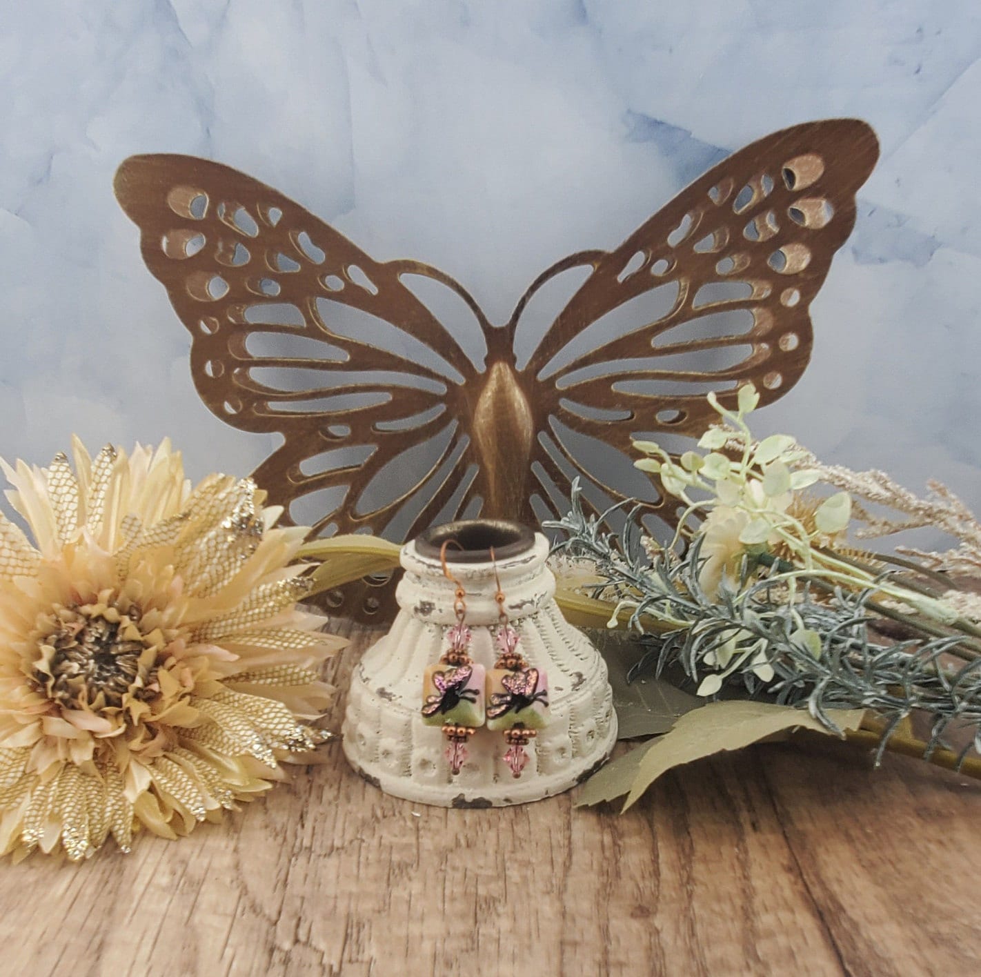 Butterfly Angel Artisan Glass Earrings, Lampwork Glass Bead by Grace Lampwork Beads, Copper Earring Wire
