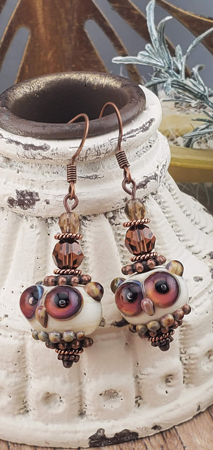 Owl Always Love You Artisan Glass Earrings, Lampwork Glass Bead by Grace Lampwork Beads, Copper Earring Wire