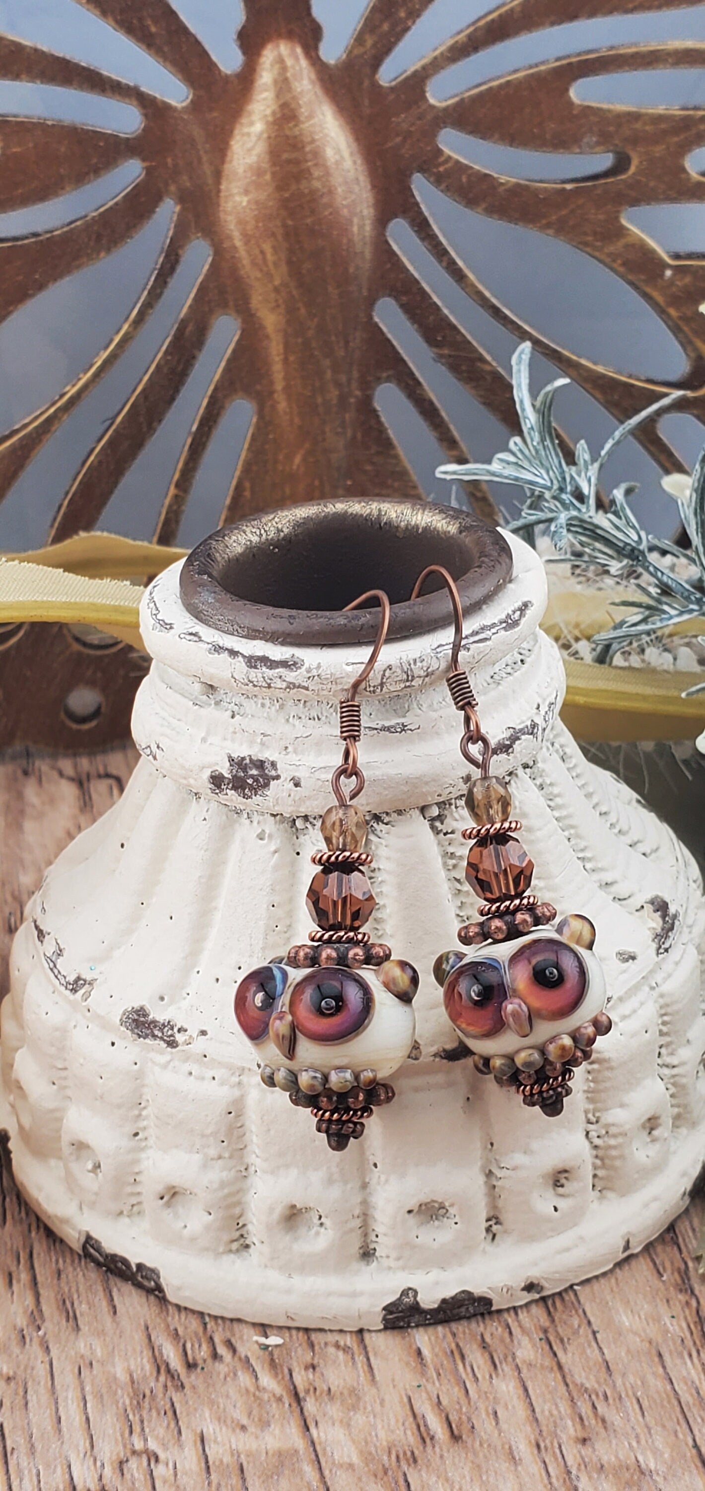 Owl Always Love You Artisan Glass Earrings, Lampwork Glass Bead by Grace Lampwork Beads, Copper Earring Wire