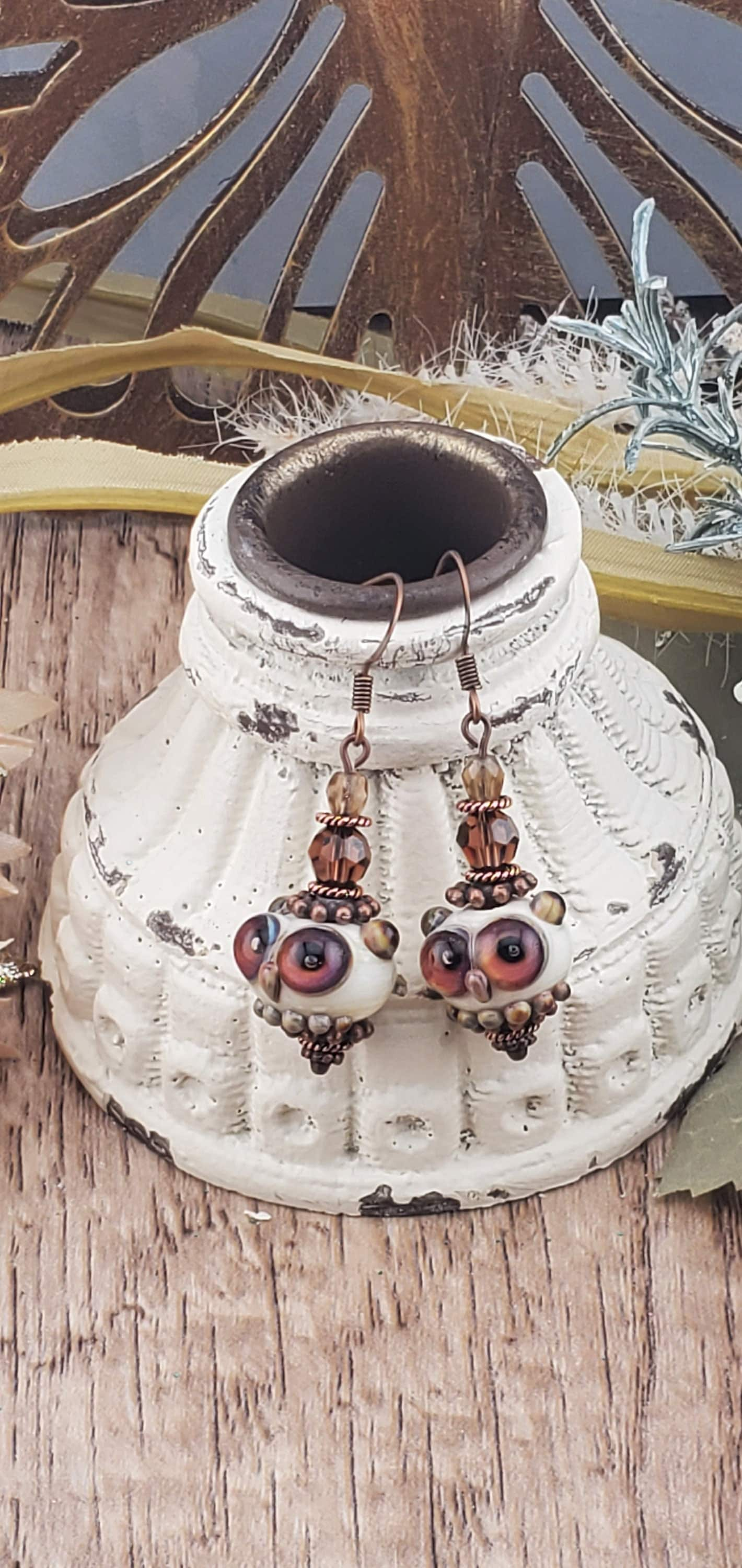 Owl Always Love You Artisan Glass Earrings, Lampwork Glass Bead by Grace Lampwork Beads, Copper Earring Wire