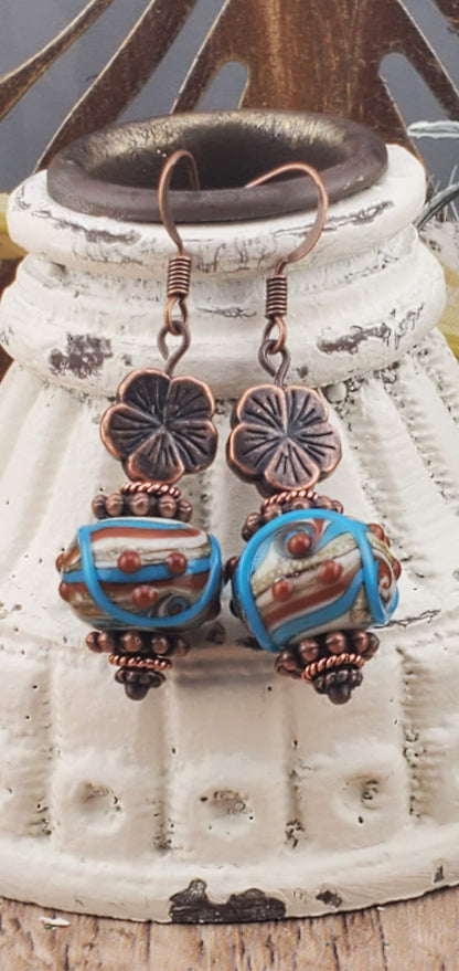 Terra Cotta Blues stunning Artisan Glass Earrings, Lampwork Glass Bead by Grace Lampwork Beads, Copper Earring Wire