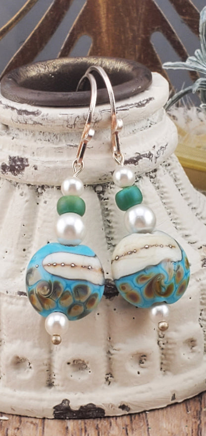 Sandy Shore Artisan Glass Earrings, Lampwork Glass Bead by Grace Lampwork Beads, Silver Filled Earring Wire