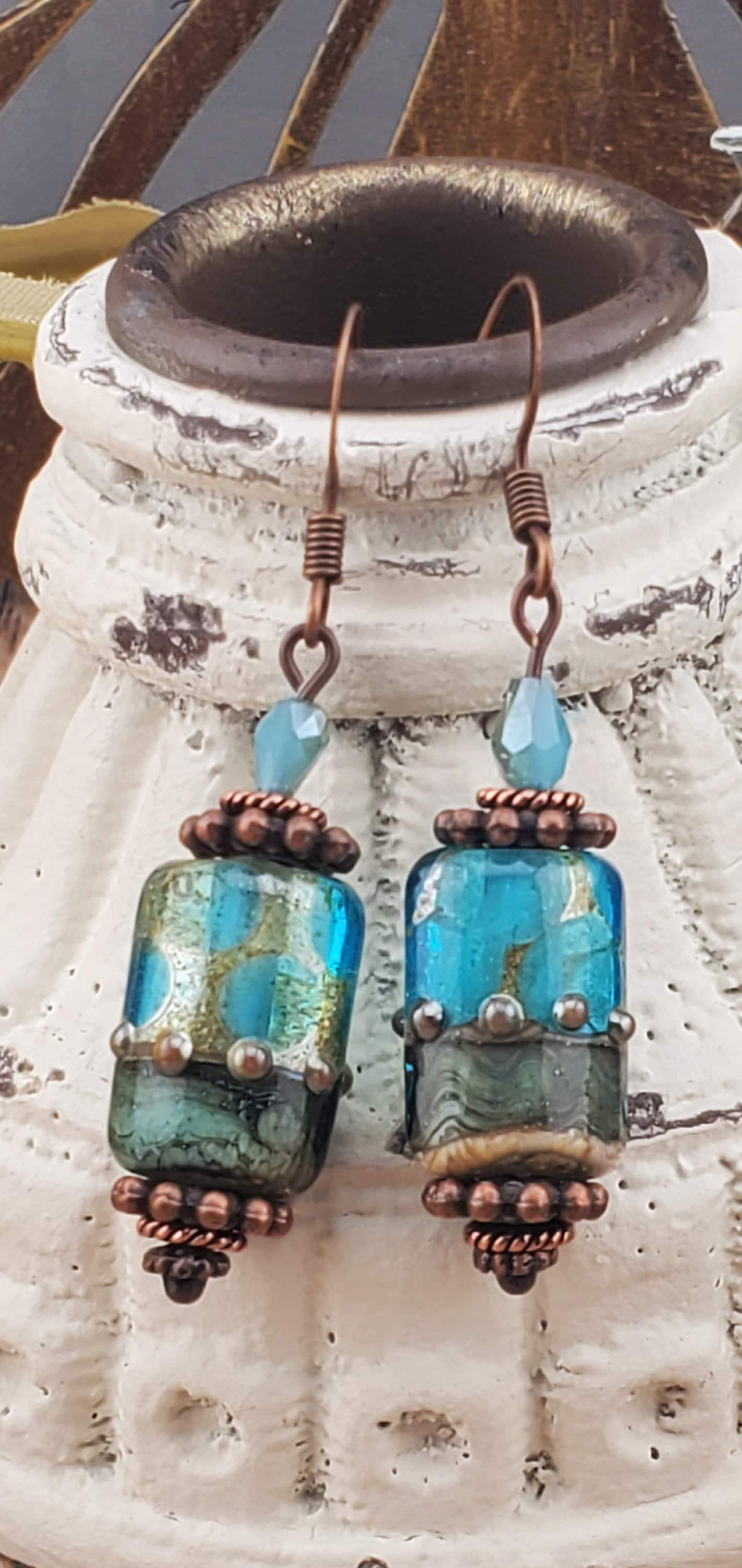 Only Ogres Allowed stunning Artisan Glass Earrings, Lampwork Glass Bead by Grace Lampwork Beads, Copper Earring Wire