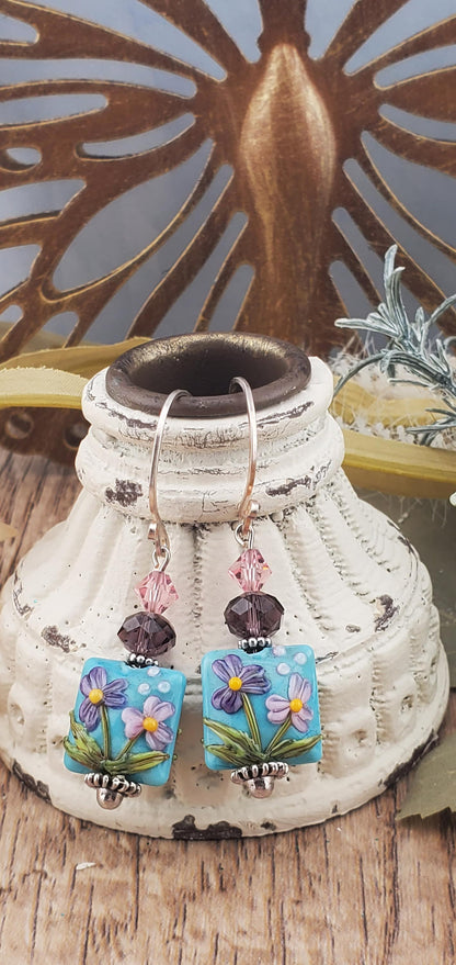 Spring Blossoms Artisan Glass Earrings, Lampwork Glass Bead by Grace Lampwork Beads, Silver Filled Earring Wire