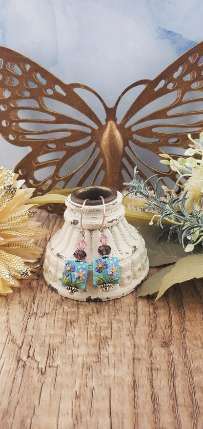 Spring Blossoms Artisan Glass Earrings, Lampwork Glass Bead by Grace Lampwork Beads, Silver Filled Earring Wire