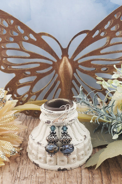 Stormy night Artisan Glass Earrings, Lampwork Glass Bead by Grace Lampwork Beads, Silver Filled Earring Wire