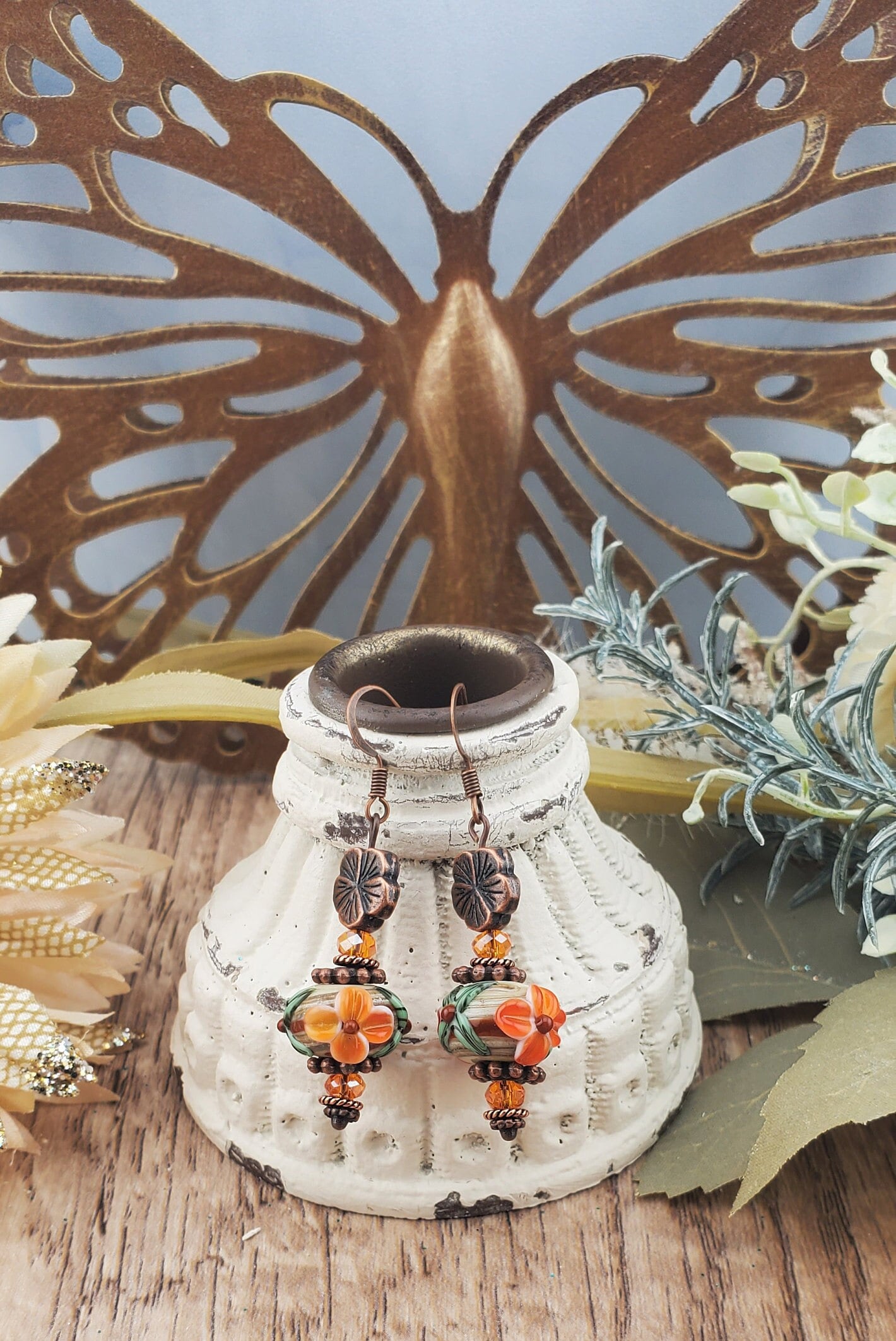 You Had Me at Aloha Artisan Glass Earrings, Lampwork Glass Bead by Grace Lampwork Beads, Copper Earring Wire