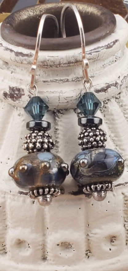 Midnight Blues Artisan Glass Earrings, Lampwork Glass Bead by Grace Lampwork Beads, Silver Filled Earring Wire