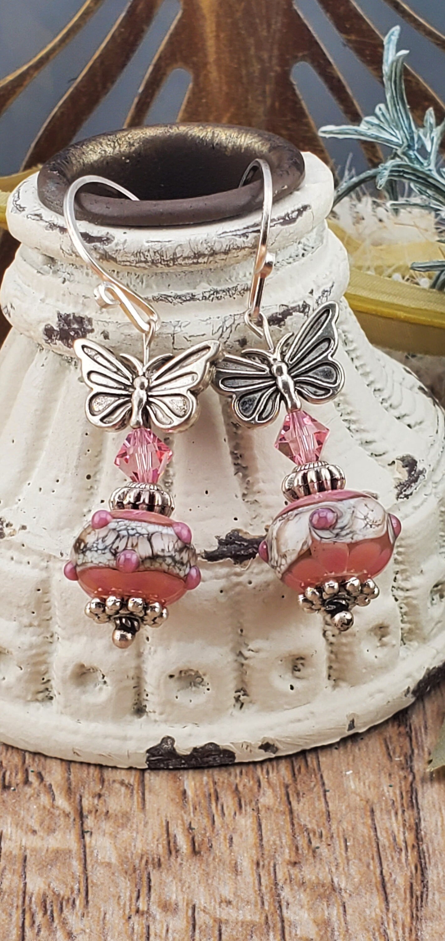 Butterfly Kisses Artisan Glass Earrings, Lampwork Glass Bead by Grace Lampwork Beads, Silver Filled Earring Wire